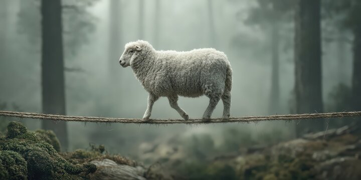 Una oveja camina con calma sobre una cuerda floja en un bosque brumoso.
