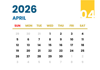 April 2026 Calendar. Sunday Start Format. April 2026 Monthly Calendar Template. End of Year Planner with Blue and Yellow Accent. Clean Blue and Yellow Calendar April 2026. 