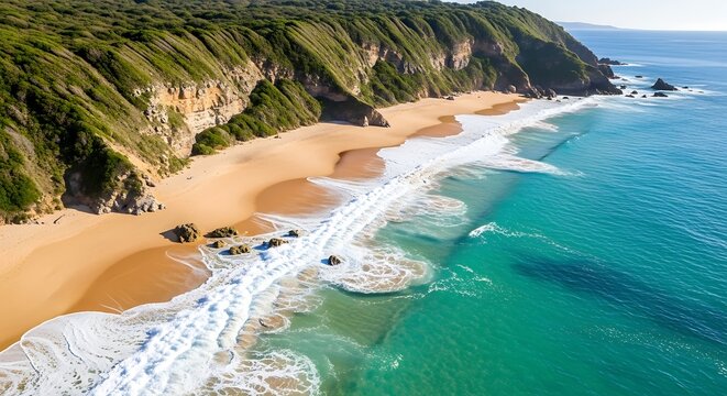 Coastal Serenity - Waves Crashing on Sandy Shoreline with Lush Green Cliffs.