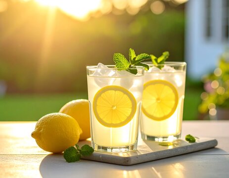Two refreshing drinks with lemons, mint, and ice in bright sunlight - Powered by Adobe