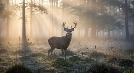 Majestic stag stands in misty forest at sunrise