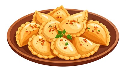 Cartoon illustration of savory dumplings on a round, brown plate