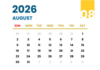 August 2026 Calendar. Sunday Start Format. August 2026 Monthly Calendar Template. End of Year Planner with Blue and Yellow Accent. Clean Blue and Yellow Calendar August 2026. 