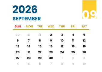 September 2026 Calendar. Sunday Start Format. September 2026 Monthly Calendar Template. End of Year Planner with Blue and Yellow Accent. Clean Blue and Yellow Calendar September 2026. 