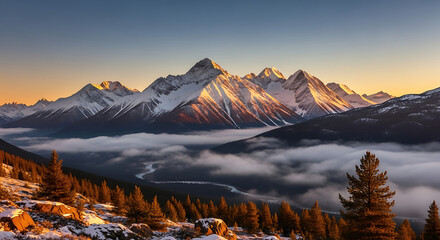 Sunrise illuminates snow-capped mountain peaks above clouds