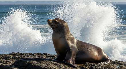 Seal resting on rocks with crashing ocean wave behind