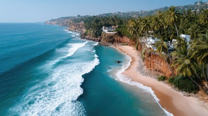 Panoramic View Of A Tropical Coast With Sandy Beach Lush Palm Trees And Turquoise Ocean Waves Under A Clear Blue Sky