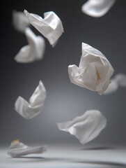 Una imagen que captura la fragilidad y la transitoriedad de los recuerdos a través de papeles arrugados en caída libre.