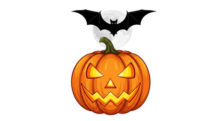 Fototapeta premium Spooky Halloween pumpkin with glowing eyes grins under a full moon with a black bat flying above, perfect for festive decorations.