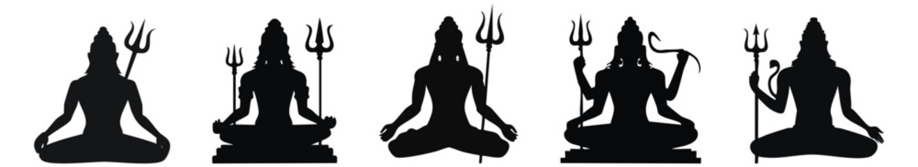 Lord shiva bholenath with trishul meditation black silhouette elenents: festival, mahashivratri, face, portrait, god, clip art, religion, spiritual, yoga, deity, india, divine, vector, illustration,