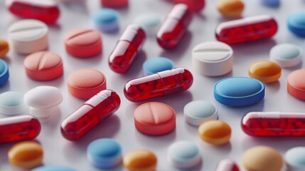 A close up view of colorful capsules and tablets scattered on a reflective surface under soft studio light, illustrating the concept healthcare medicine, and pharmaceutical production medical research