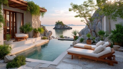 Private Resort Pool Overlooking Calm Ocean At Sunrise With Lush Greenery And Rocky Outcroppings Under Clear Blue Sky