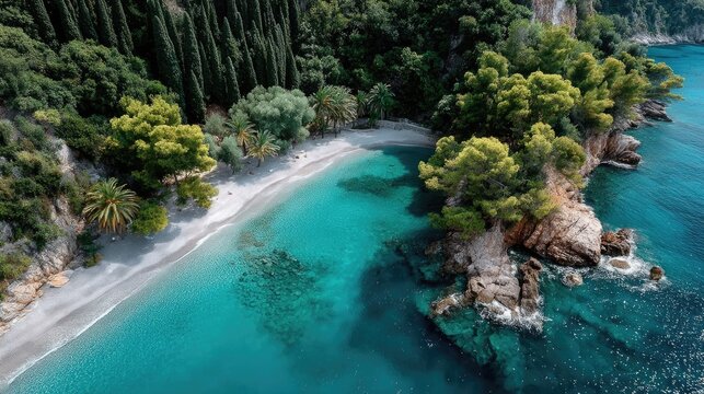 Pristine tropical coastline with turquoise clear water lush green forest rocky cliffs and pebble beach scenic natural landscape aerial drone view bright daylight sun reflection