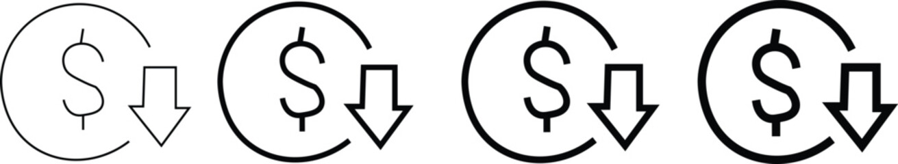 Four dollar sign icons with downward pointing arrows