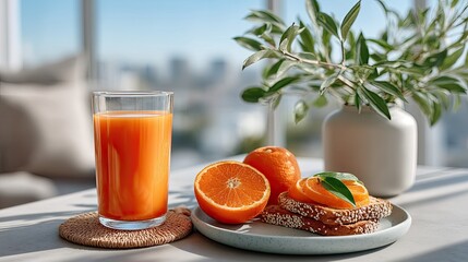 Refreshing Orange Juice Glass with Whole and Sliced Oranges and Toast with Orange Slices Garnished with Green Leaves on a Textured Coaster with a Blurred Cityscape Background and Natural Daylight