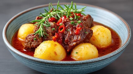 Rich Braised Beef Stew With Potatoes Garnish With Rosemary And Chili Peppers Served In A Rustic Bowl With Dark Background And Soft Lighting