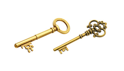 Set of antique gold keys isolated on white background