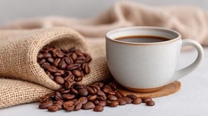 Rich Roasted Coffee Beans Poured From Burlap Sack Next To A Textured Ceramic Mug Filled With Dark Coffee On A Light Gray Surface With Soft Fabric Drapes