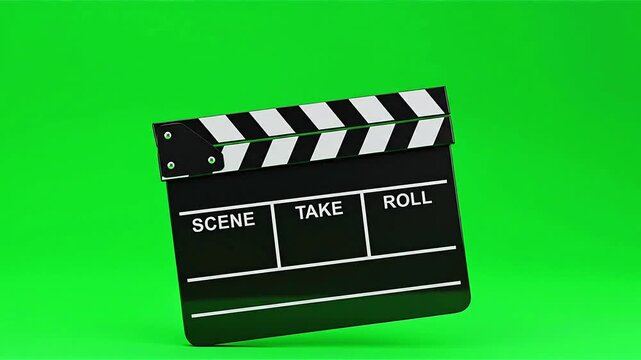 Iconic film clapboard on green screen. Essential movie clapper for marking scenes and takes in video and cinema production. Perfect tool for editing and creative media projects