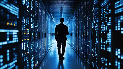 A man walks through a large room with many computer monitors. The room is lit up with blue lights