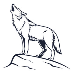A striking black and white illustration of a wolf howling at the moon while standing on a rocky outcrop symbolizing wildness and nature