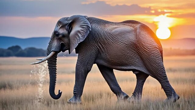 Elephant walking in tall grass field with sunset in the background in a wildlife scenery shot elephant video