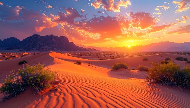 Desert landscape bathed in golden hour light, mountains in the distance