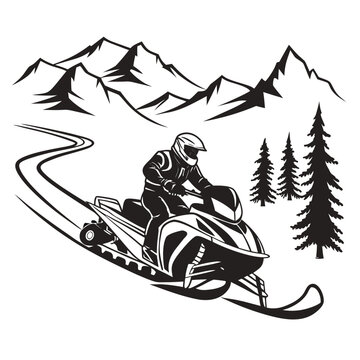 Dynamic black and white illustration of a snowmobiler riding a snowmobile on a winding trail through a winter mountain landscape with pine trees