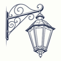Elegant vintage wrought iron wall mounted lantern with ornate scrollwork bracket casting a classic silhouette against a clean white background perfect for historical decor and architectural design