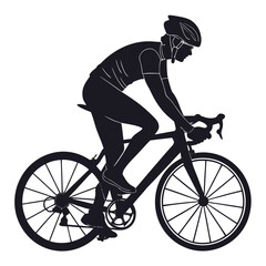 Obraz premium Silhouette of a professional cyclist wearing a helmet and cycling gear riding a road bicycle in a dynamic pose against a white background representing speed and athleticism