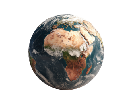 Detailed Earth globe, showing continents, clouds, and atmospheric details