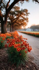 Row Of Majestic Oak Trees With Orange Flowers In The Foreground Along A Gravel Road At Sunrise With A White Mansion In The Distance