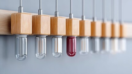 Row Of Vintage Edison Light Bulbs With Wooden Mounts And One Red Bulb In A Studio Setting With Soft Natural Light