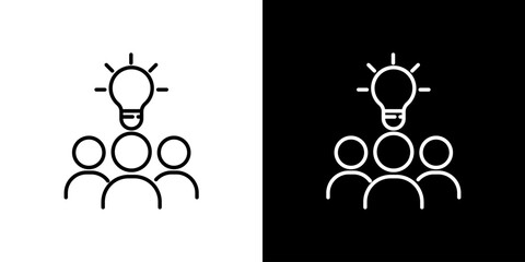 Black and white line art icon for brainstorming and teamwork. A group of people with a lightbulb representing a collective creative idea or solution
