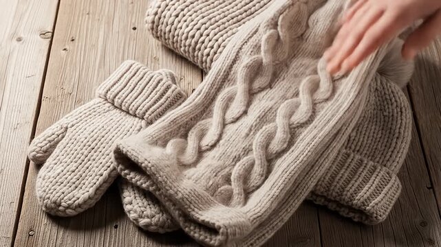 Wool mittens, hat, and cabled scarf arranged on a rustic wooden table