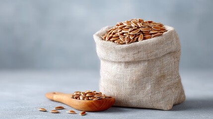 Rustic Burlap Sack Filled With Dried Sunflower Seeds With Wooden Spoon Displaying Seeds On A Light Gray Textured Background With Soft Natural Lighting Creating A Farmhouse Aesthetic
