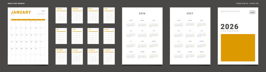 2026 Calendar Planner Set of Template Monthly Pages, Cover with Place for Photo, Company Logo, Annual 2026, 2027. Vector layout grid vertical of wall or desk organizer Week start Monday. Page A4 print