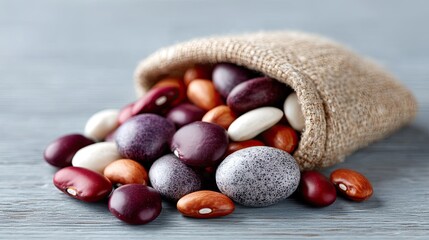 Rustic Flat Lay Assortment of Various Beans Spilling from Burlap Sack on Distressed Wooden Surface with Soft Lighting and Detailed Textures