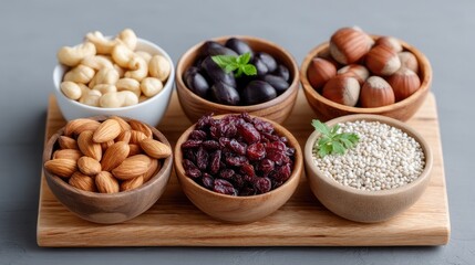 Rustic Flat Lay Assortment of Nuts and Dried Fruits in Wooden Bowls on a Textured Gray Background Illuminated by Soft Natural Light