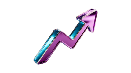 A shiny purple and blue metallic arrow charts an upward course symbolizing growth progress and positive financial trends