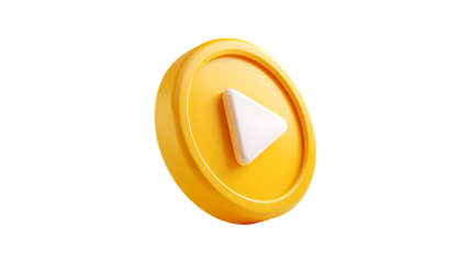 A vibrant yellow circular 3D play button icon featuring a white triangle symbol set against a transparent background ready for multimedia use