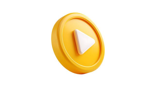 A vibrant yellow circular 3D play button icon featuring a white triangle symbol set against a transparent background ready for multimedia use