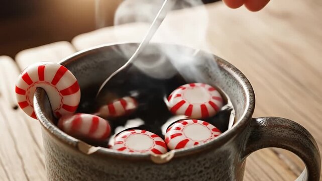 Rustic mug with steaming black liquid and red-and-white striped candy and a silver spoon