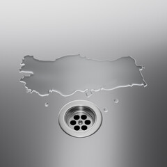 Turkey Water Map With Drainage Metal Sink Save Water. 3D Illustration