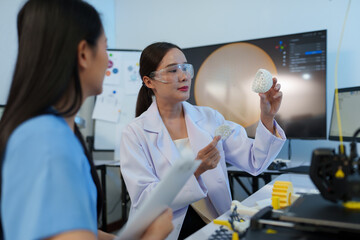 Researchers are working with a 3D printer to print clear, white plastic models using cutting-edge,...