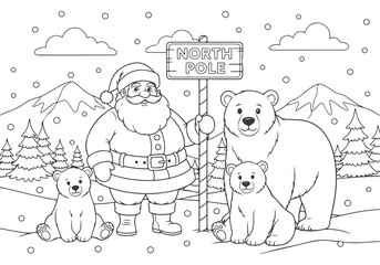 A festive Christmas coloring page featuring a line art illustration of Santa Claus with polar bears at the North Pole