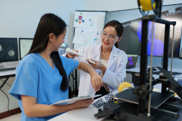 Researchers are working with a 3D printer to print clear, white plastic models using cutting-edge,...