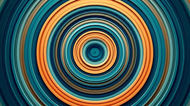 Colorful concentric rings recede into a central point, blues, oranges, teals