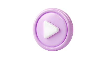 A glossy purple play button with a white triangle symbol rendered in 3D for a modern digital interface