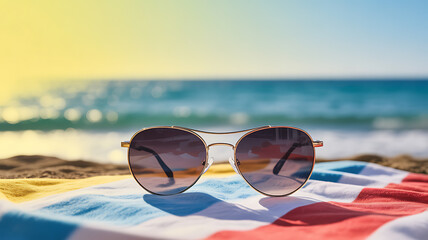 Sunglasses resting on a colorful beach towel by the ocean